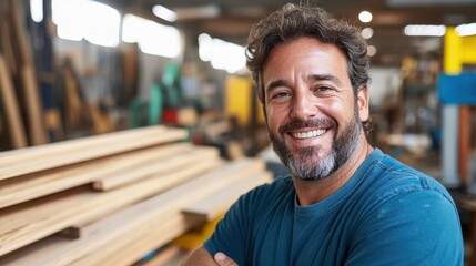 A bearded man with gray hair smiles brightly in a vibrant workshop, surrounded by stacks of wooden planks. The setting conveys a sense of creativity and productivity.