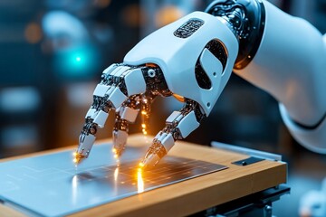 Fototapeta premium Automated factory with robotic arms, conveyor belts, and large machines producing goods at a high rate of speed