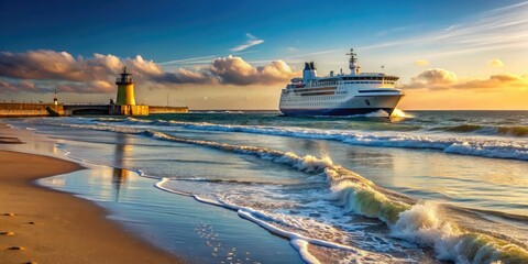 Naklejka premium Massive Ferry Sailing by Calais Beach - Scenic Transportation View