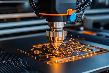 CNC milling machine cutting a precise part from a metal block, with detailed machinery and cooling liquid spraying during the process