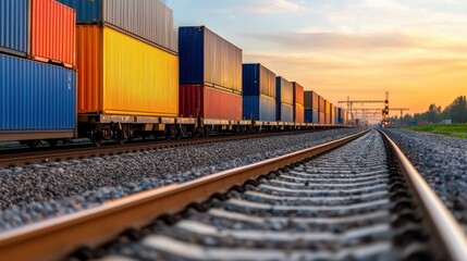 Fototapeta premium A scenic railway perspective showcasing the colorful container freight cars parallel along the tracks as they stretch into the glowing horizon during sunset.