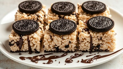 Rice Krispies Treats with crushed cookies mixed in, isolated on a white porcelain plate, garnished with crushed cookie pieces and chocolate drizzle