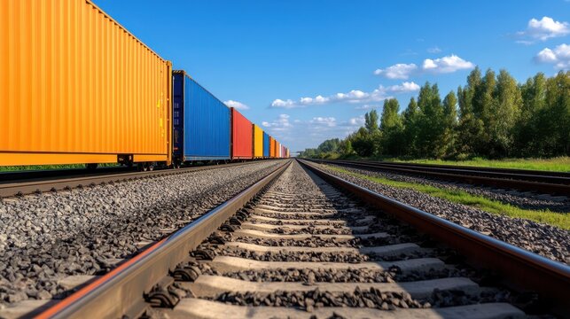 A vibrant freight train with colorful containers moves swiftly along multiple tracks under a clear blue sky, showcasing the dynamics of modern transportation infrastructure.