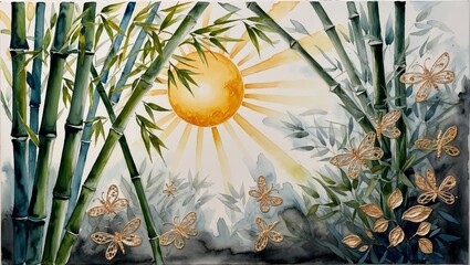 Fototapeta premium Golden Butterflies in Bamboo Forest