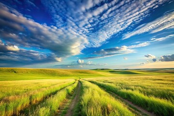 Obraz premium Scenic Kansas prairie with leading lines in field of grass under blue sky
