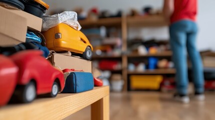 Fototapeta premium Brightly colored toy cars are lined up on a wooden shelf. The background is blurred, emphasizing the focus on the toys, implying a child's playroom or collection area.