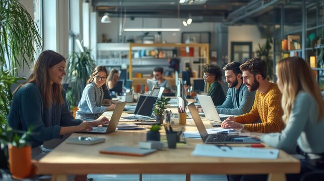 A diverse group of young professionals work on laptops at long tables in a modern office. - Powered by Adobe