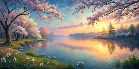 Scenic lake at dusk with pastel colors