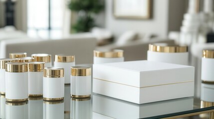 Magazine-style photograph of MLM business materials on a glass table, luxurious setting, refined details, well-organized display, polished and sophisticated look,