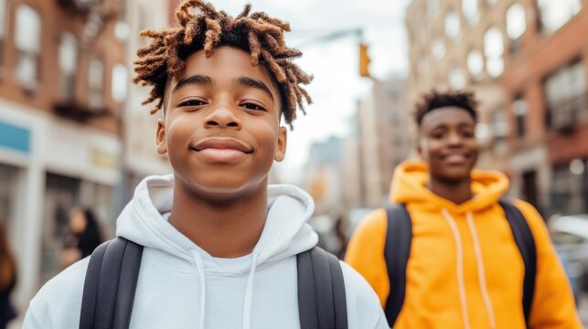 A young boy with dreadlocks poses confidently on a bustling city street, exemplifying youthful style and individuality in a dynamic urban setting.