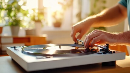 Hands carefully adjust the needle on a vinyl record player in a sunlit room, highlighting the tactile and nostalgic feel of enjoying music in an intimate setting.
