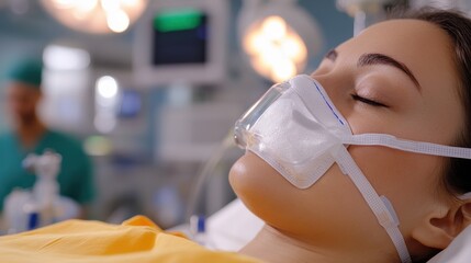 A person is shown sleeping in a hospital setting, supported by an oxygen breathing aid, surrounded by clinical equipment and the soft glow of medical monitors.