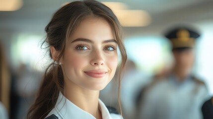 warmly smiling air hostess stands in profile greeting with a respectful palm gesture embodying hospitality and grace against a transparent background