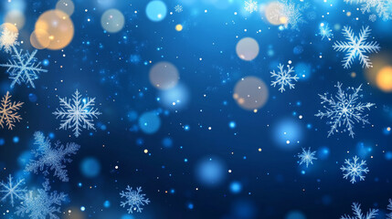 Fototapeta premium Snowflakes and festive bokeh on a blue holiday background