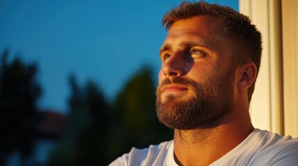 Fototapeta premium A thoughtful man looks to the sky during twilight, with his expression reflecting ruminative emotions, as the environment transitions from day to night.
