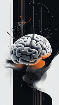 abstract glowing brain surrounded by soft lighting and smooth flowing lines, representing strength, cleanliness, and confidence. The concept of human brain development, medicine, artificial