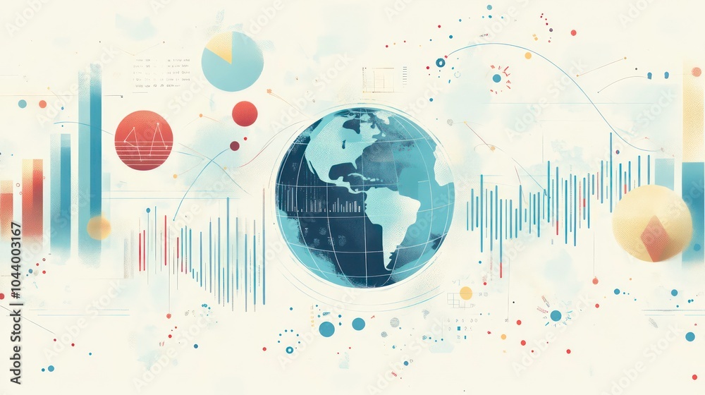 Poster A stylized globe surrounded by colorful charts and data points representing global business, technology, and communication.