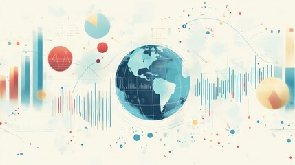 A stylized globe surrounded by colorful charts and data points representing global business, technology, and communication.