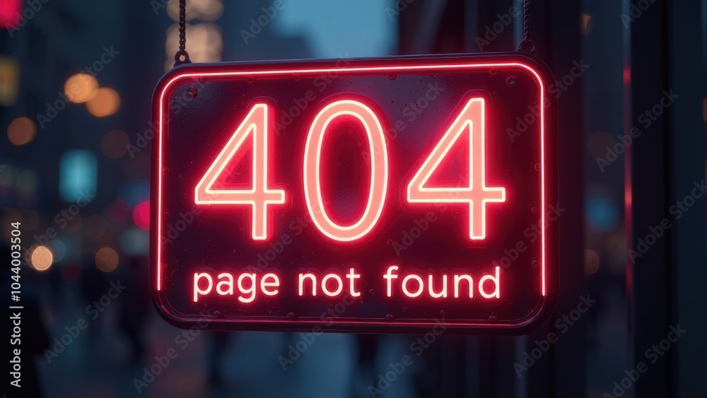 Poster sign with glowing neon text in center “404” and text 