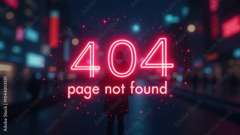 Poster sign with glowing neon text in center “404” and text 