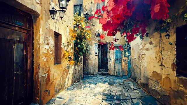 A narrow cobblestone alleyway in a Mediterranean town, with vibrant red flowers blooming overhead and old streetlights casting a warm glow