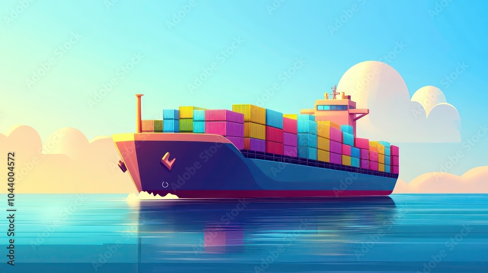 Poster a large cargo ship with colorful shipping containers sails across the calm blue sea with white fluff