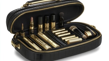Modern, leather cosmetic bag with gold accents, neatly packed with makeup essentials for on-the-go touch-ups.