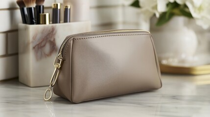 Modern, leather cosmetic bag with gold accents, neatly packed with makeup essentials for on-the-go touch-ups.