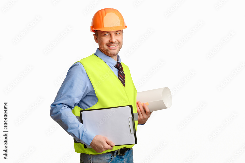 Aufkleber Building Plan. Architect Holding Project Papers And Folder Smiling To Camera Standing On White Studio Background.