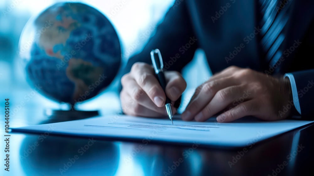 Poster Closeup of a businessman signing a document with a globe in the background.