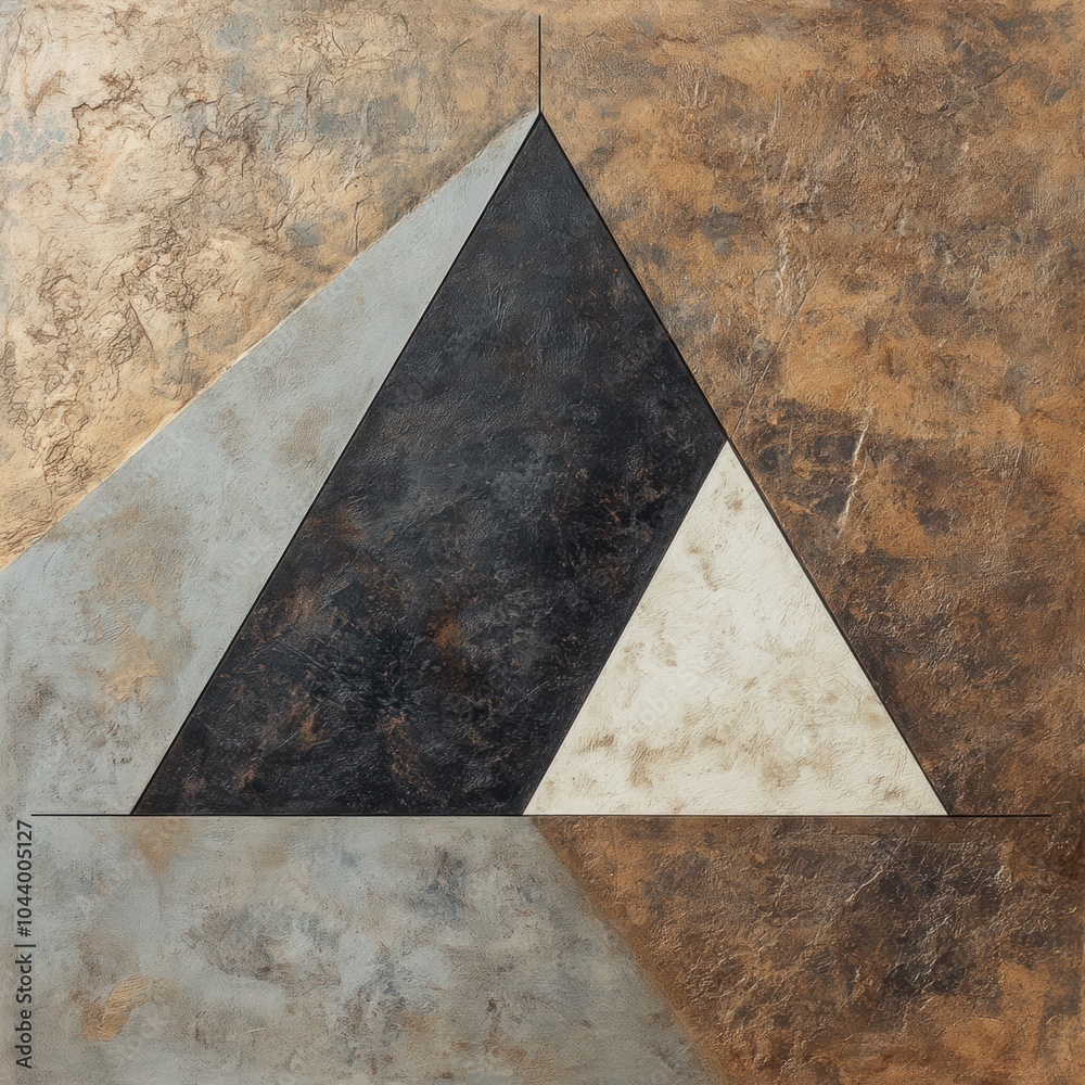 Poster The artwork showcases an arrangement of asymmetrical triangular forms on a rich, textured surface, highlighting modern artistic expression. Generative AI