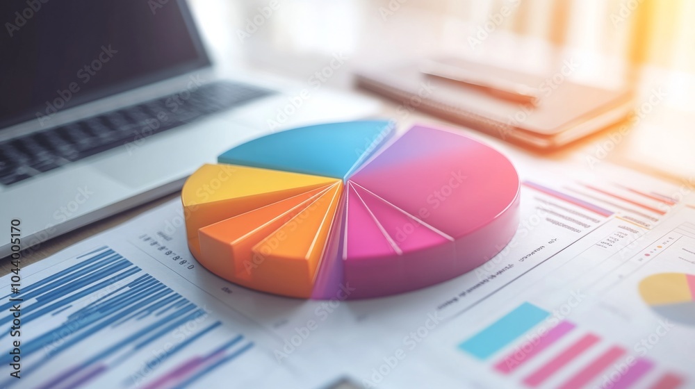 Poster colorful pie chart on desk with laptops and reports