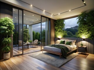 Fototapeta premium Minimalist Bedroom Interior with Glass Doors and Lush Balcony - Night Photography