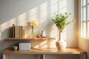 Minimalist Books and Elegant Vase on Sunlit Shelf for Serene Home Decor