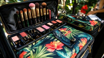 Naklejka premium Vibrant cosmetic bag filled with makeup brushes, lipstick, and skincare products, organized for travel or everyday use.