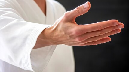 Fototapeta premium Hands in a martial arts position, symbolizing discipline, strength, and the controlled movements practiced in traditional combat techniques, Generative Ai