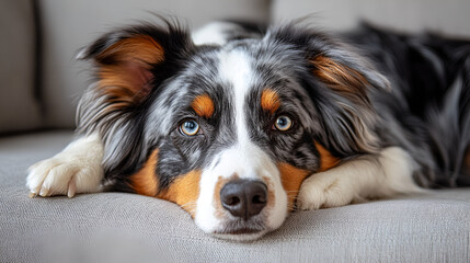 A relaxed Australian Shepherd resting comfortably on a sofa in a cozy living room during a sunny afternoon