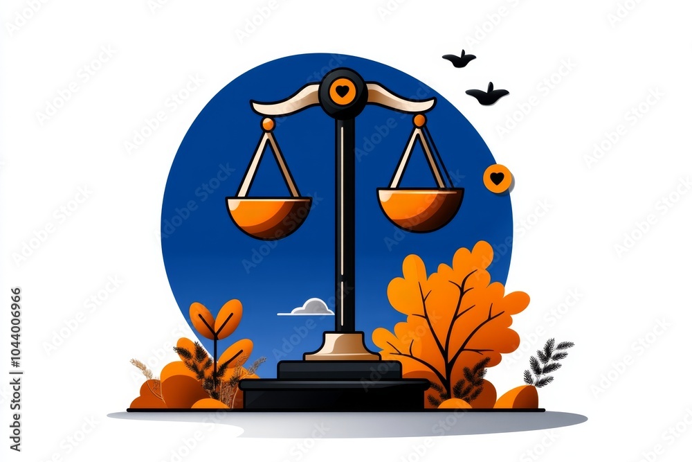 Poster minimalist scales of justice, with simple, clean lines representing balance and fairness in a neutra