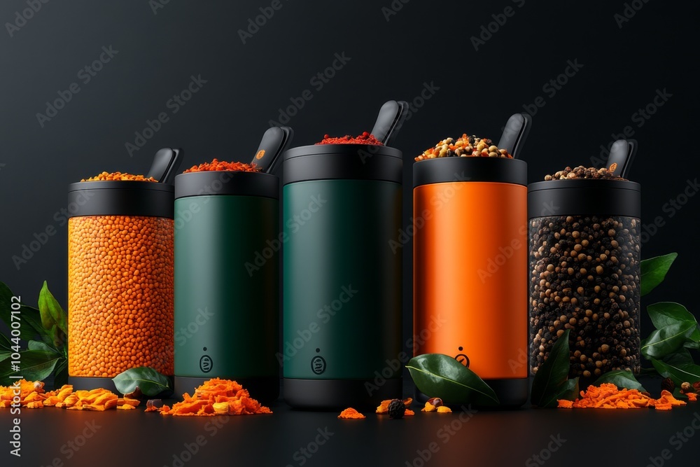 Aufkleber minimalist spice jar design, with a single color representing each spice, creating a clean, simple l