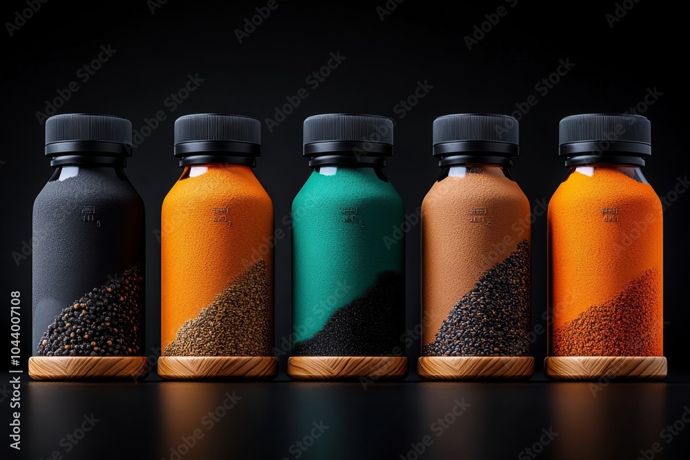 Poster Minimalist spice jar design, with a single color representing each spice, creating a clean, simple layout