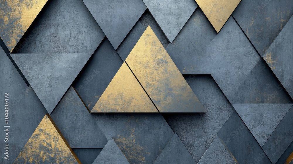 Aufkleber Layered triangular shapes in various sizes interact on a dark textured background, with golden highlights adding a touch of elegance. Generative AI