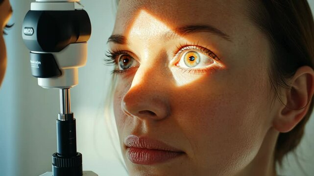 A woman has her eye examined by a medical professional