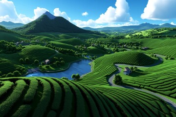 Obraz premium Pixel art of a Sri Lankan tea plantation, with pixelated green hills and rows of tea bushes under a blue sky