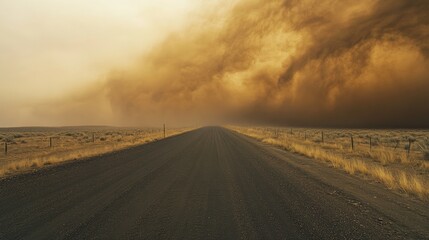 Naklejka premium A dark swirling dust storm approaches engulfing a stark and isolated road