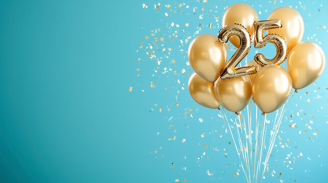 Banner with number 25 golden balloon with copy space. twenty-five years anniversary celebration concept on a blue background