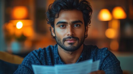 Fototapeta premium young indian man diligently studying bills and documents at home sitting comfortably on a sofa laptop open warm home lighting creating a productive atmosphere