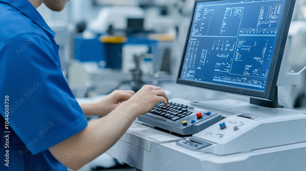 Poster a skilled technician enters critical parameters at a high-tech workstation