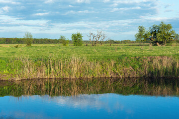 Beautiful summer landscape, green grass along the river and cloudy sky