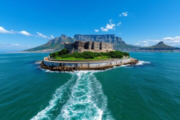 Robben Island off the coast of Cape Town, with its historic prison buildings and the distant outline of Table Mountain on the horizon