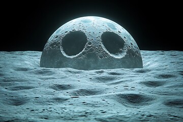 A close-up view of a moon's craters on a desolate, alien landscape.